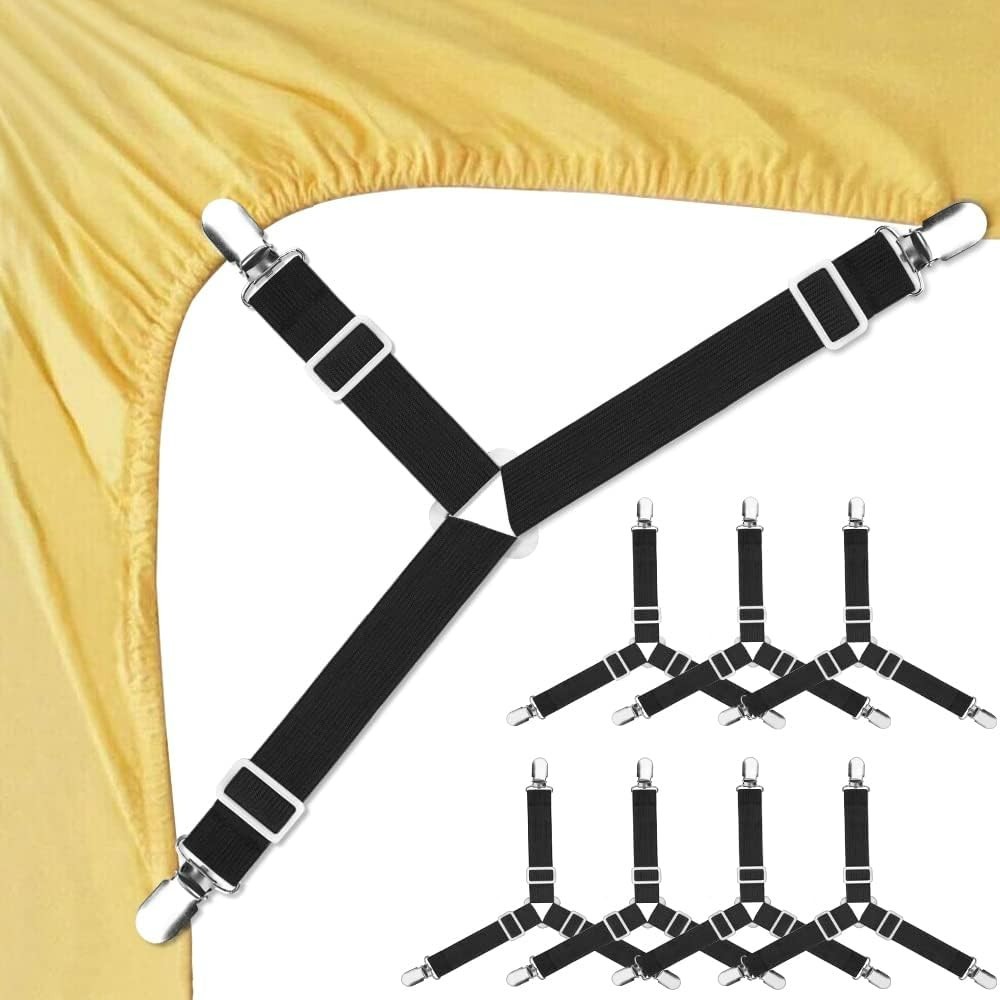 Triangle Design Adjustable Fitted Sheet Straps - 8 Piece Black Straps Set