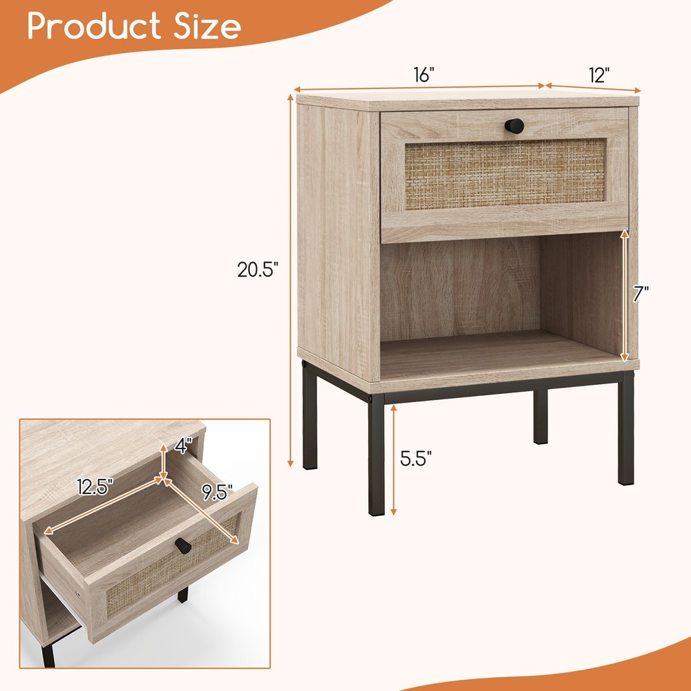 2 PCS Boho Style Nightstand Compact End Table w/Rattan Drawer & Open Shelf