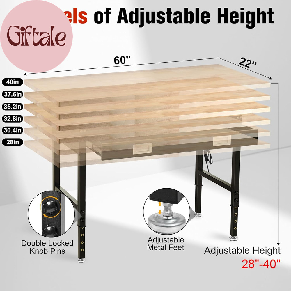 60" Workbench with Drawers, Work Benches for Garage with Strip Light, Adjustable