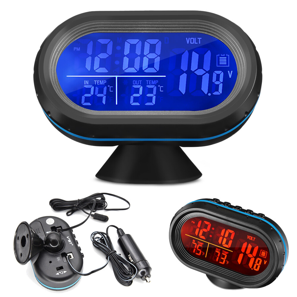 Mini Car Dash Panel Blue LED Digital Thermometer/Voltmeter/Clock Voltage Gauge