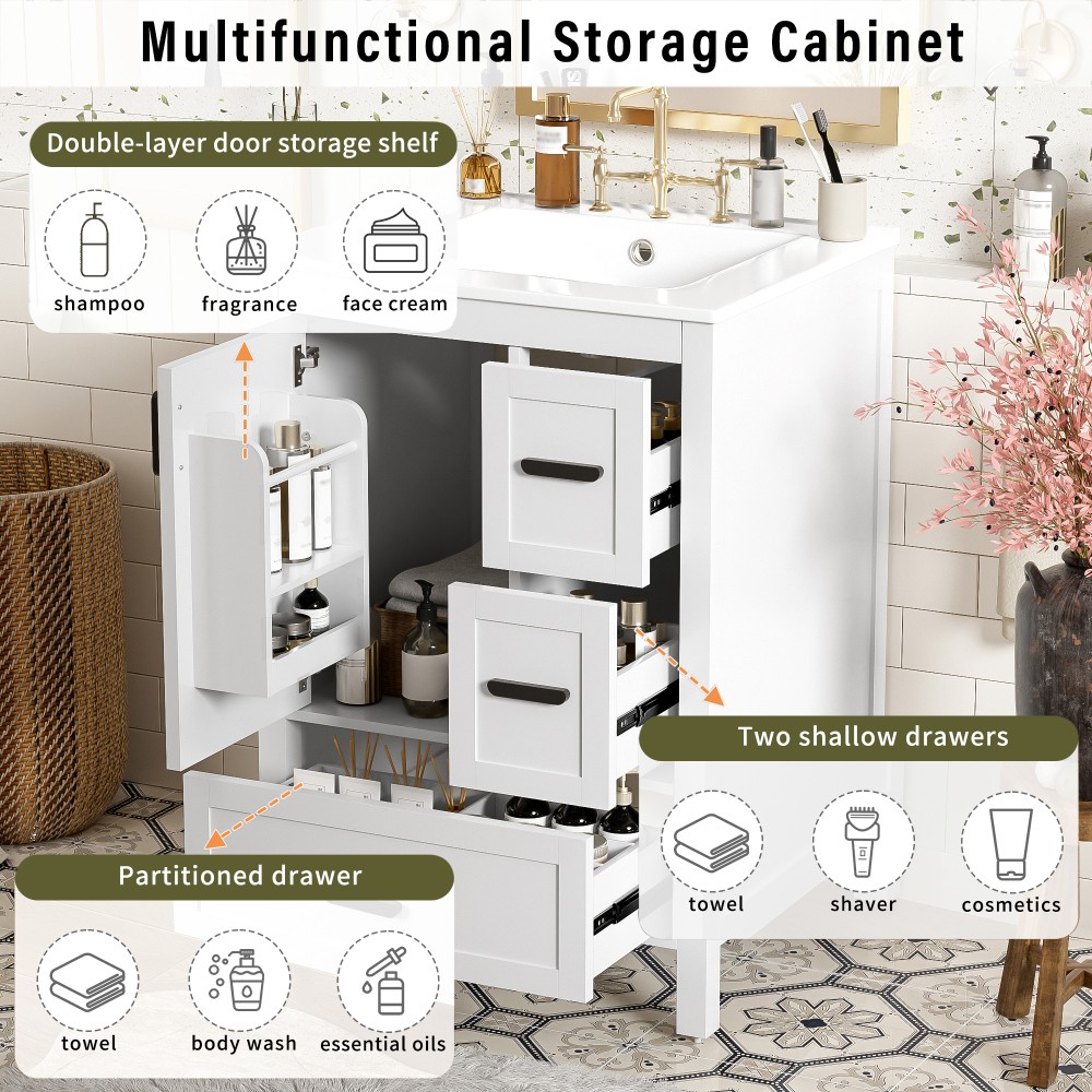 Bathroom vanity with sink Features double-door cabinet Includes three drawers
