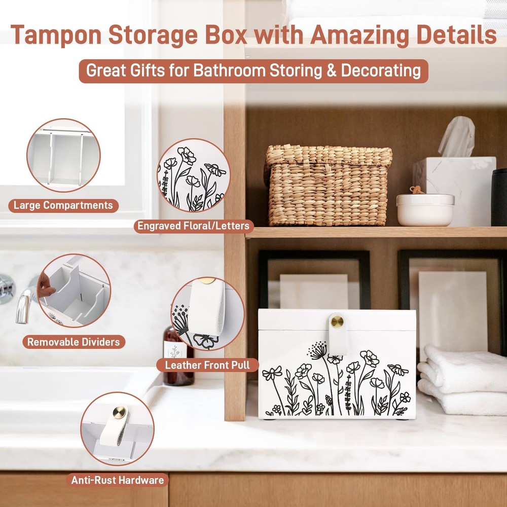 100% Solid Wood Tampon Holder Box with Lid, Copper Leather Pull, Absolute Rea...