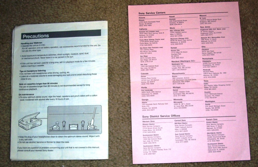 1989 Sony Walkman (WM-AF62) Operating Instructions