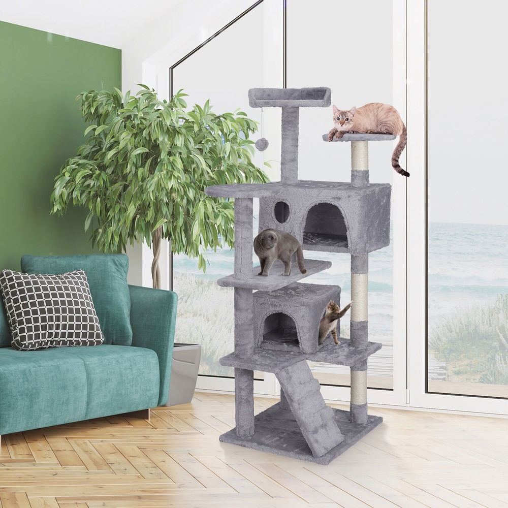 55 inch Cat Tree Tower Condo Cat Climbing Tree with Scratching Post Light Gray