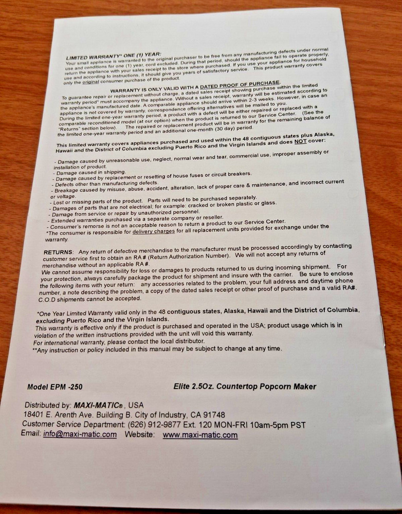 Elite Countertop Popcorn Maker EPM-250 INSTRUCTION MANUAL