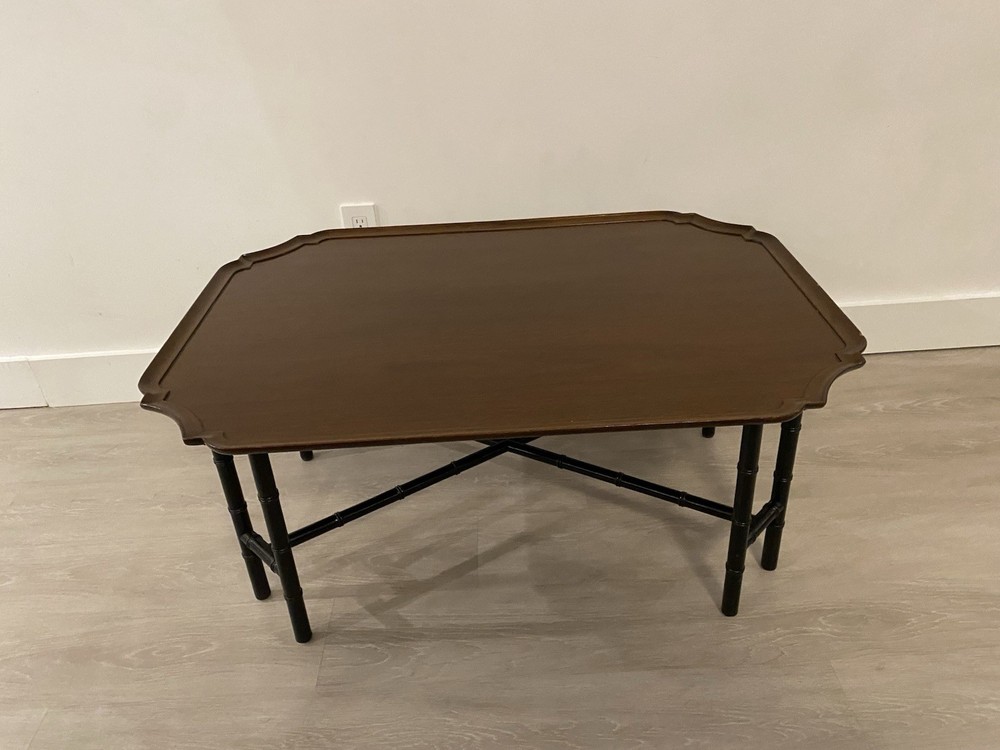 Faux Bamboo Kittinger Tray Top Rectangular Coffee Table With Ebonized Black Legs