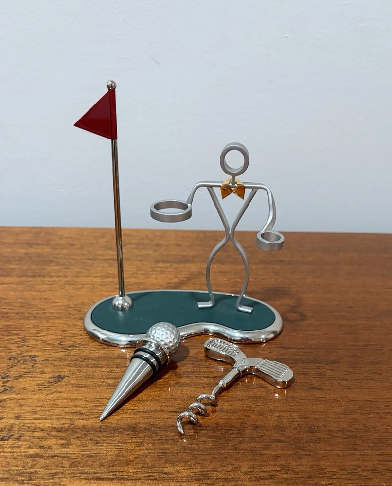 Golf Themed Wine Tool Set - Corkscrew, Stirrer, Wine Stopper - Stick Man