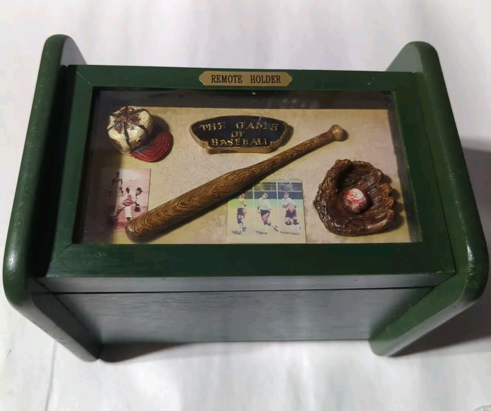 REMOTE CONTROL HOLDER CADDY ORGANIZER GREEN WOOD BASEBALL SHADOW BOX
