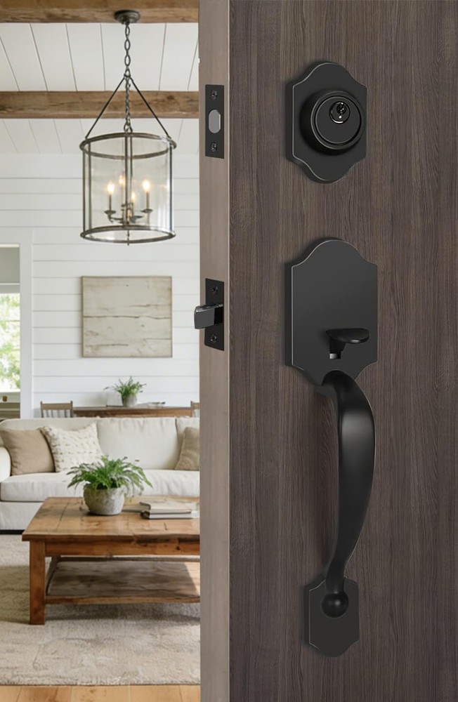 Haidms Matte Black Front Door Handle and Deadbolt Set, Passage,