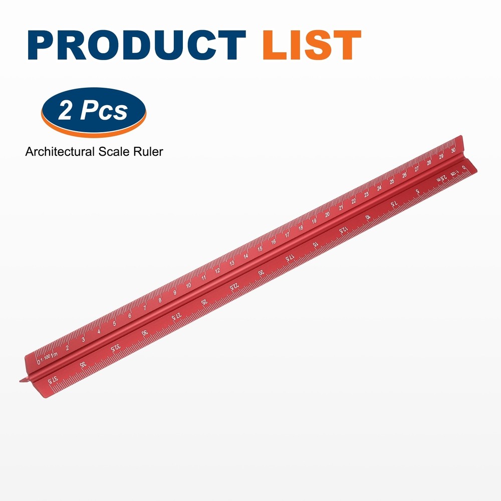 2 Pcs 12 Inch Metric Architectural Triangular Scale Ruler Small Scale, Red