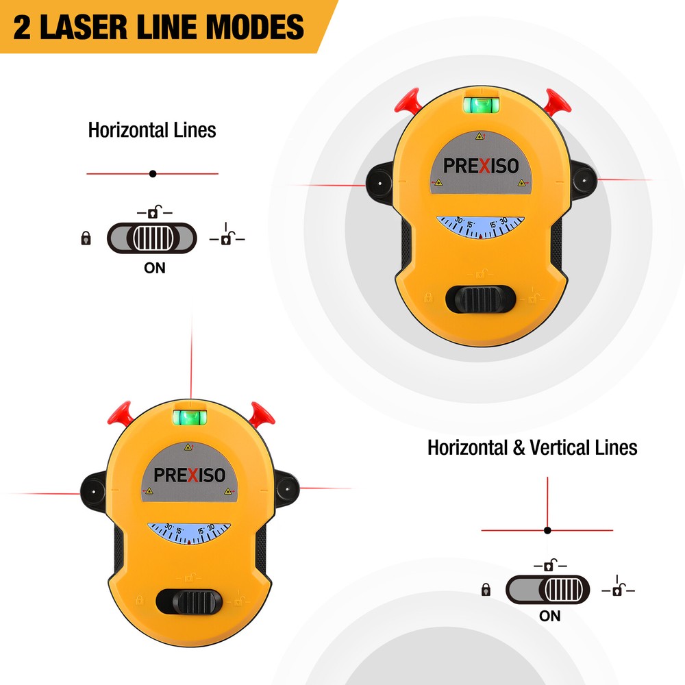 PREXISO Multi Surface Laser Level LED Light Vial One-switch Operation Angle Dial