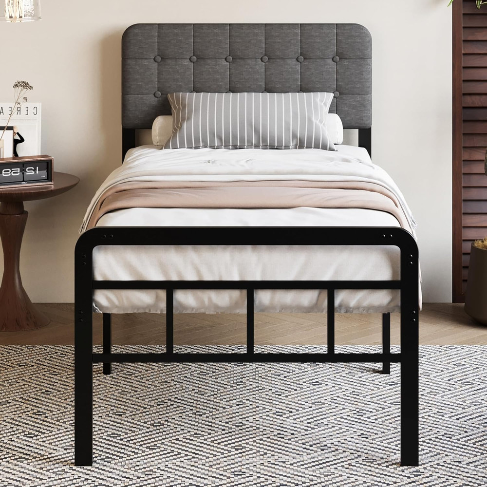 18" Twin Bed Frame with Upholstered Headboard, Heavy Duty, Easy Assembly, Black