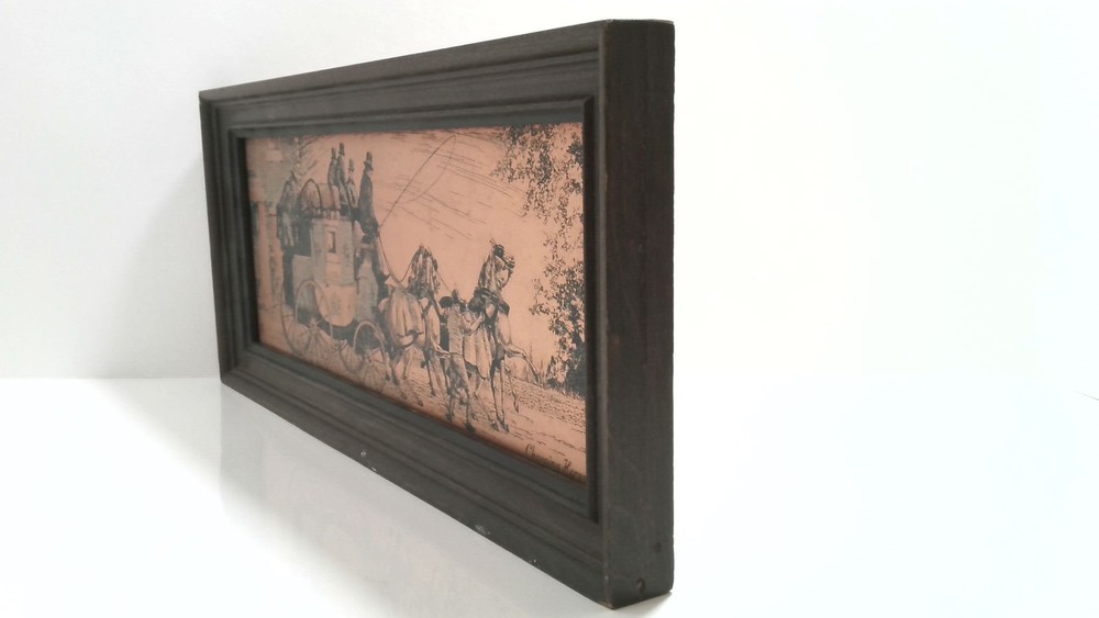 Vintage Etchmaster Original Copper Etching Framed Art Changing Horses Stagecoach