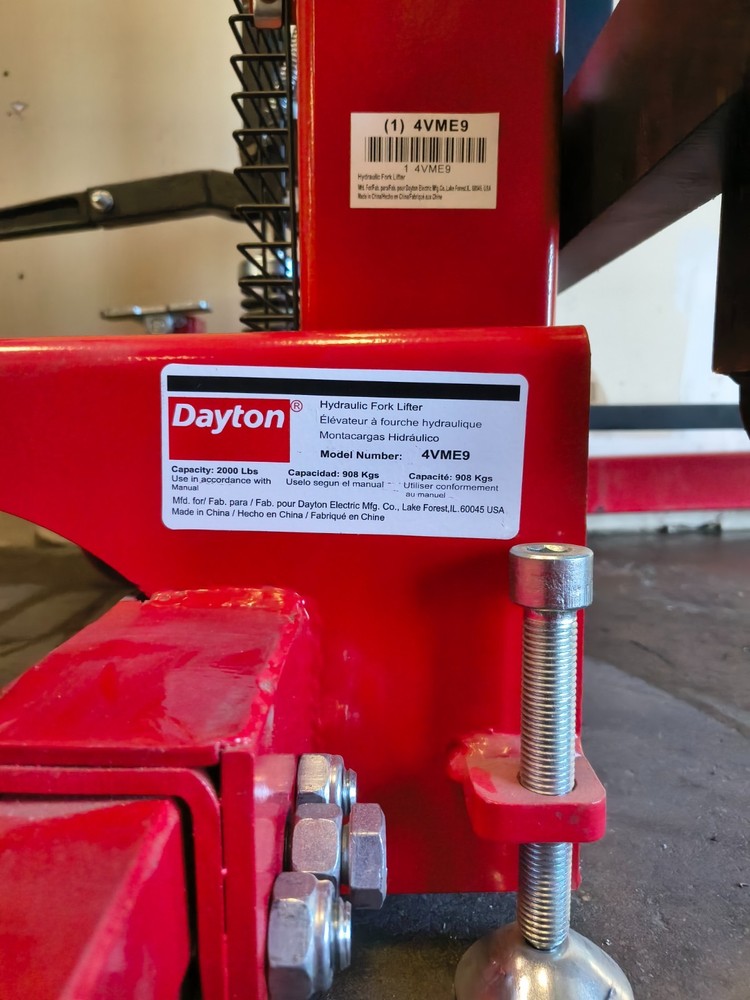 Dayton Hydraulic Forklift Stacker 4VME8 Adjustable Base 2,000 lb. Load Capacity