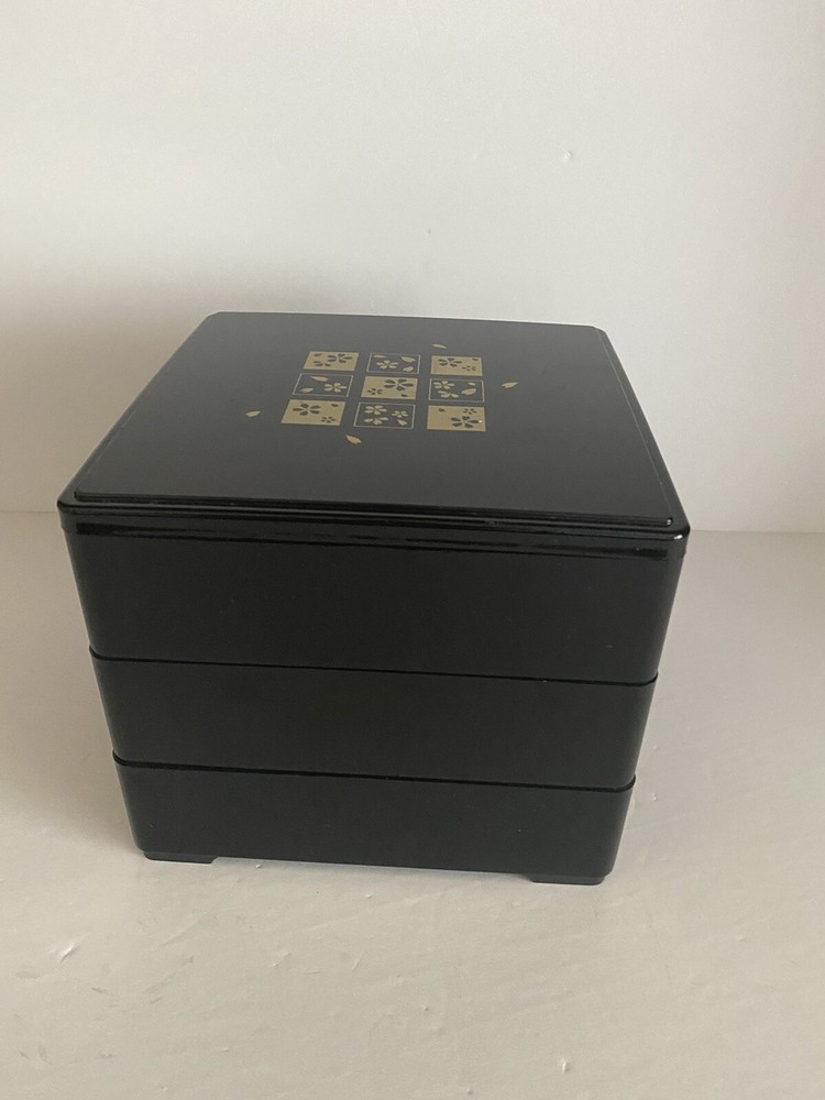Black Plastic Three Tier Bento Box/Jewelry Box 6" Tall