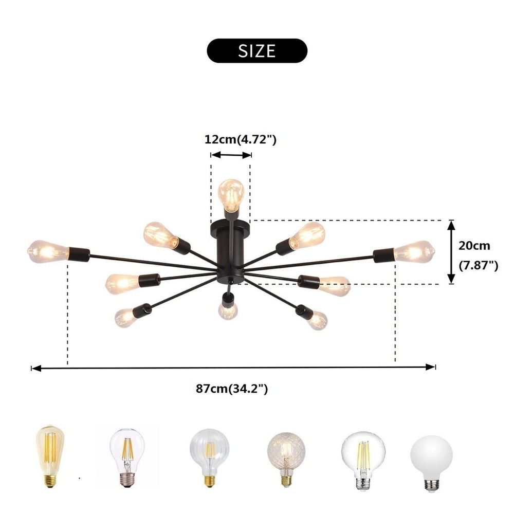 Garwarm Semi Flush Mount Ceiling Light, 10-Light Modern Black Sputnik Chandel...