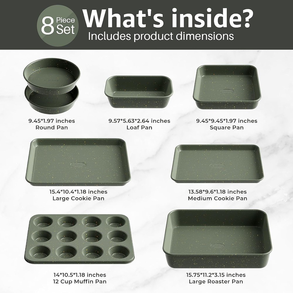 Elite 8-Piece Bakeware Set: Stackable, Nonstick Ceramic, Green Carbon Steel