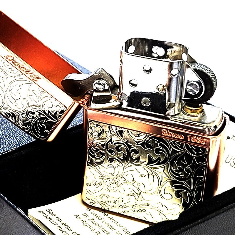 Zippo Logo Armor Arabesque Stripe Etching Pink Gold Matte Silver Lighter