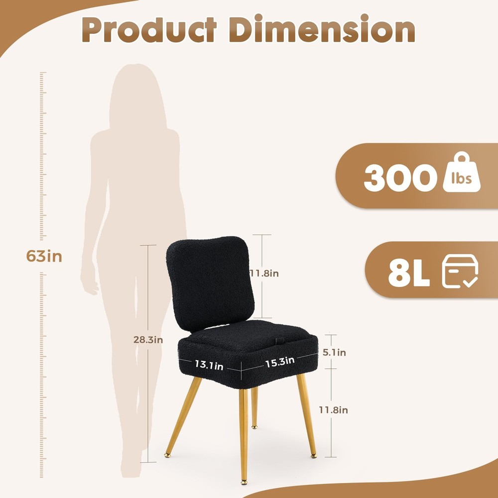 Small Vanity Chair with Storage and Foldable Backrest - Plush Teddy Fabric, 8...
