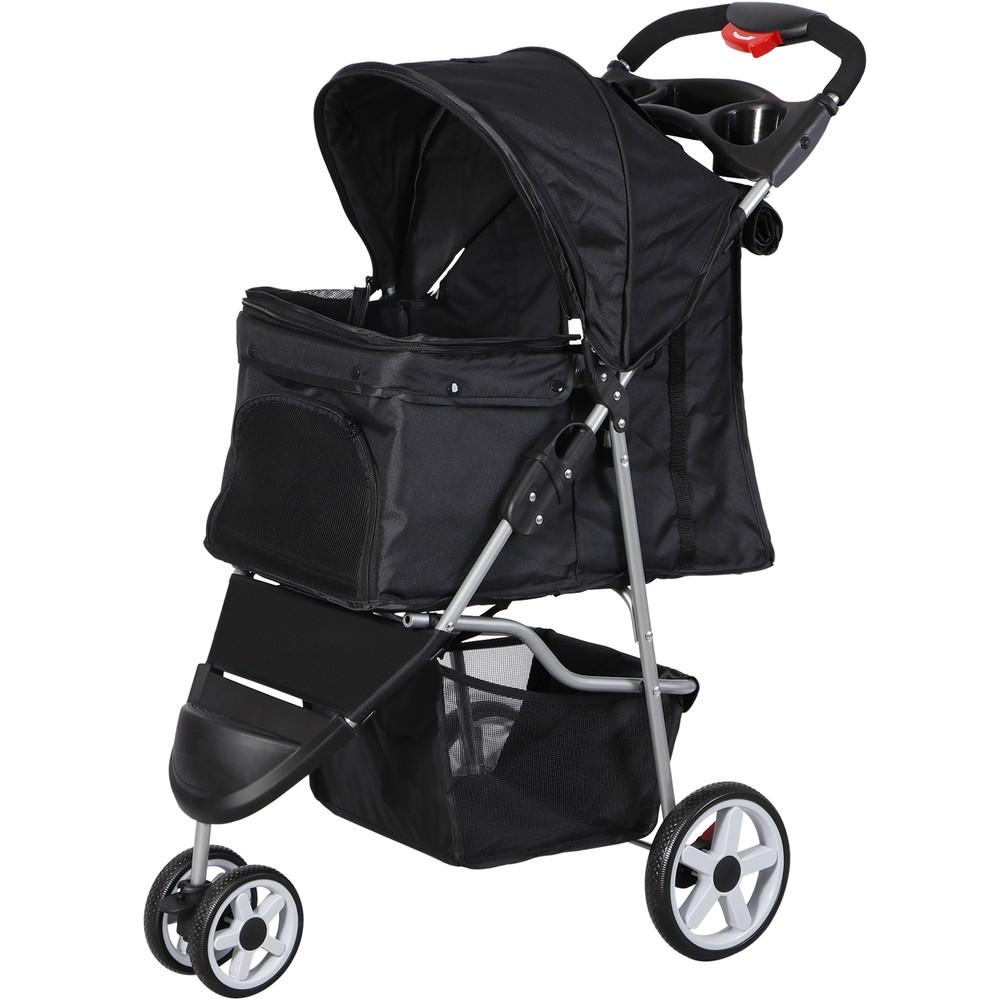 Dog Stroller 3 Wheels Foldable Pet Stroller w/Storage Basket & Cup Holder Black