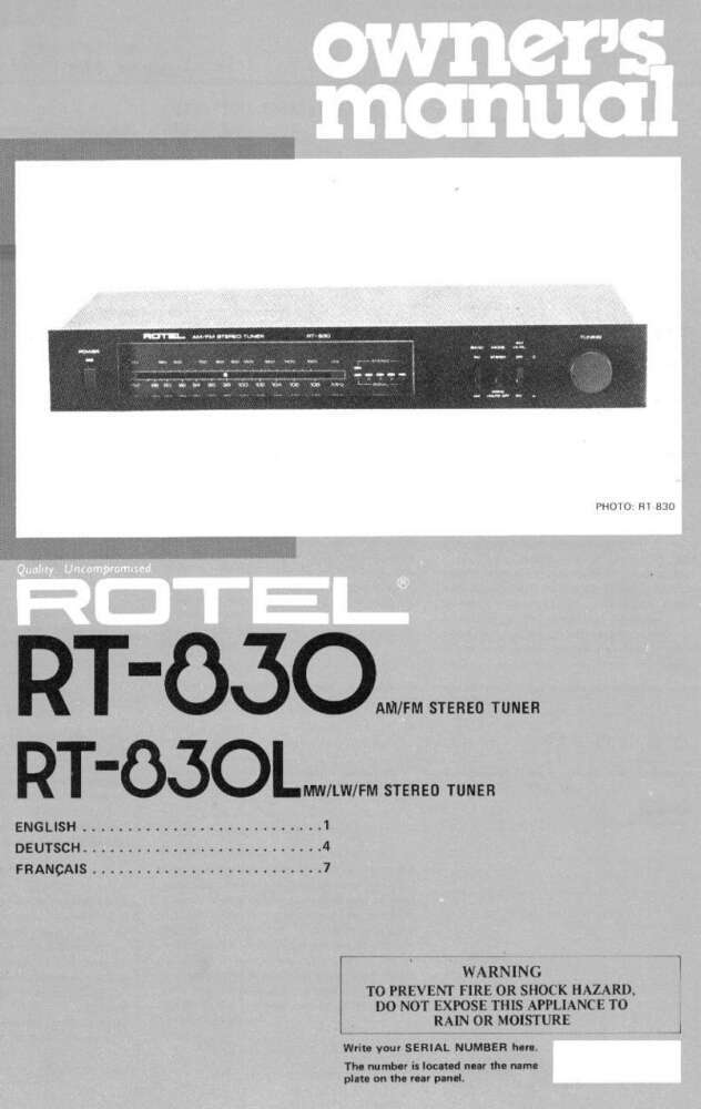 Rotel RT-830 Tuner Owners Manual