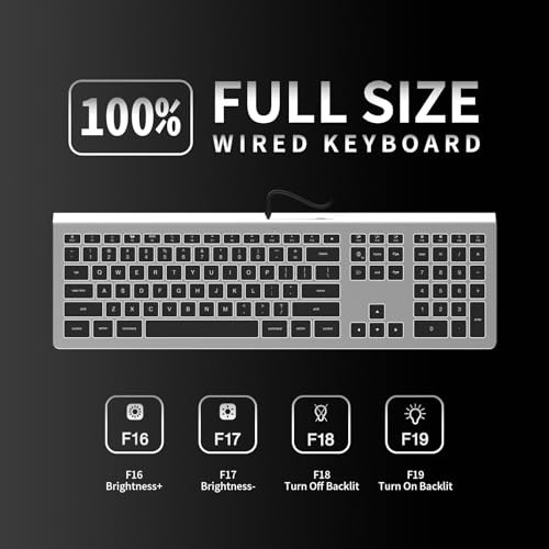 USB Wired Keyboard with White Backlight, Keyboard for Mac Silver Grey