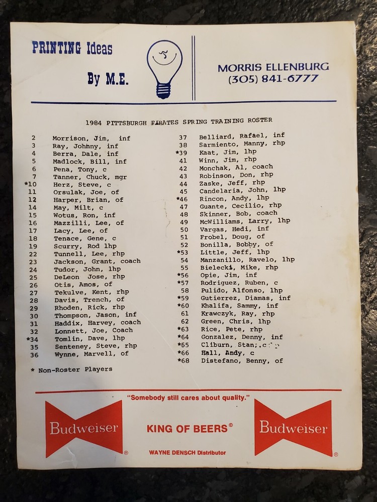 1984 Spring Training Roster Pittsburgh Pirates