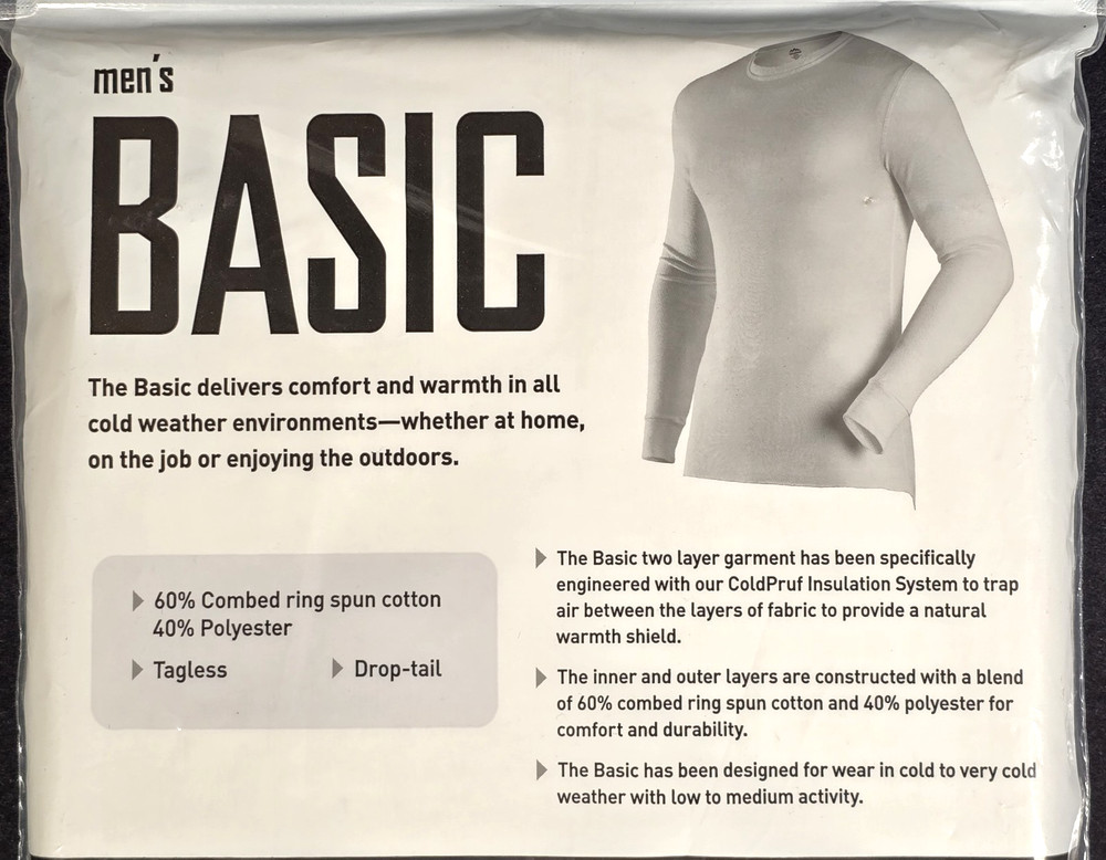 (4) COLDPRUF Base Layer Basic Men LS White Crew Neck 2 Layer Thermachoice Medium