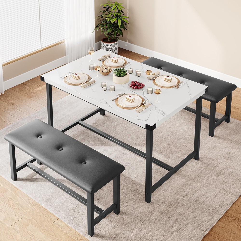 3pcs Dining Room Table Set ,Kitchen Table Set and 2 Upholstered Benches ,Dinette