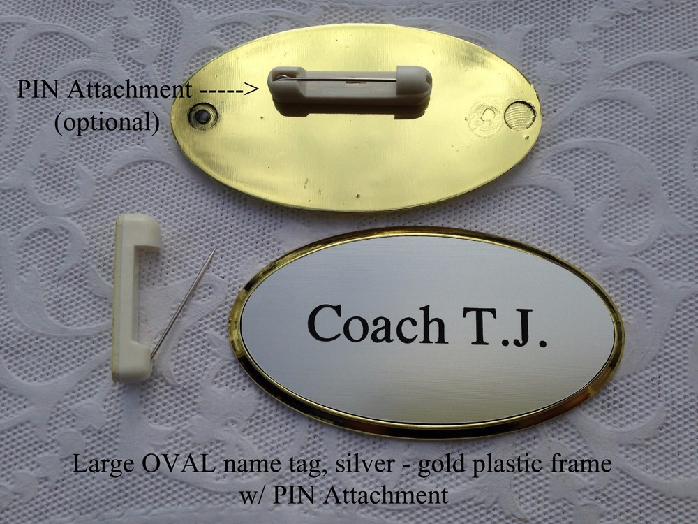 Personalized / Custom Engraved LRG OVAL Name Tag SILVER w/ GOLD Frame