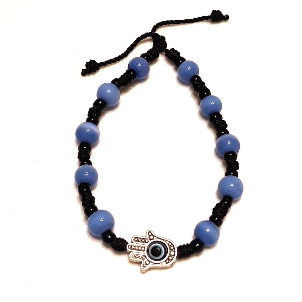 Hamsa Hand bracelet with black string and blue Cat eye beads