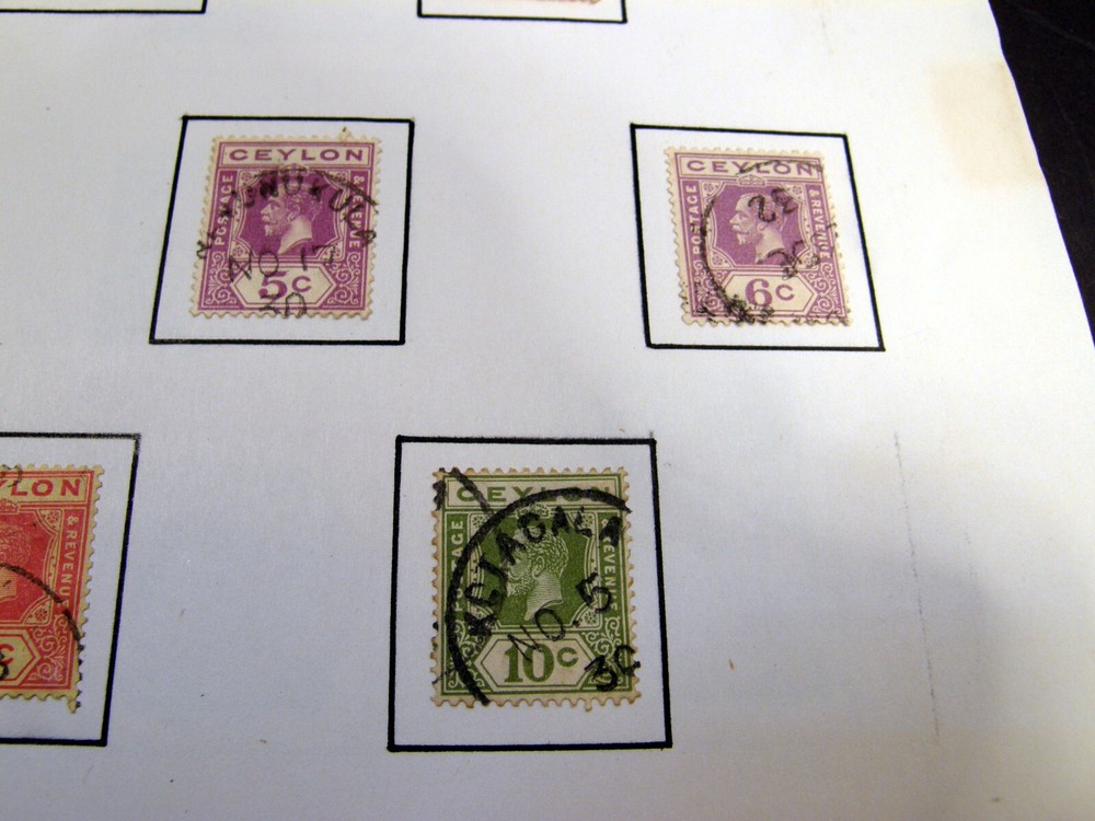 EX OLD TIME COLLECTION 36 VINTAGE CEYLON POSTAGE STAMPS HINGED ON PAGES