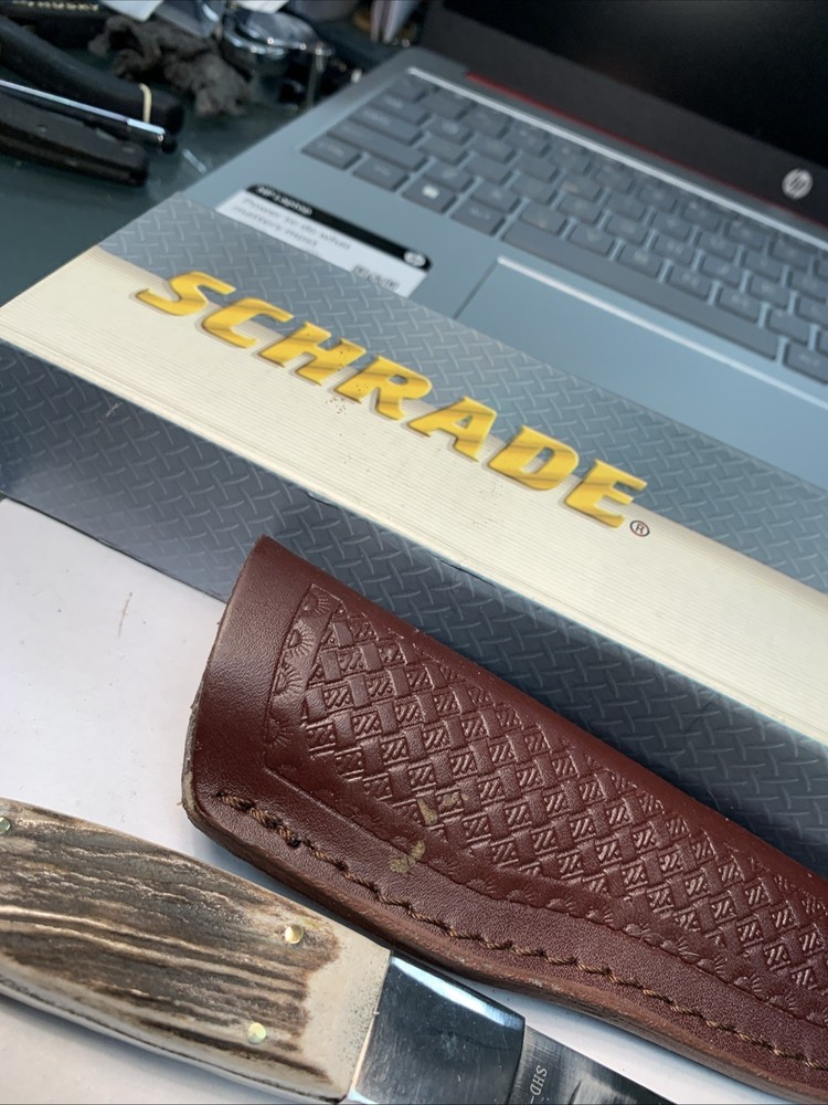 Schrade Custom Fixed Blade Knife with STAG handle &Leather Embossed Sheath SHD1