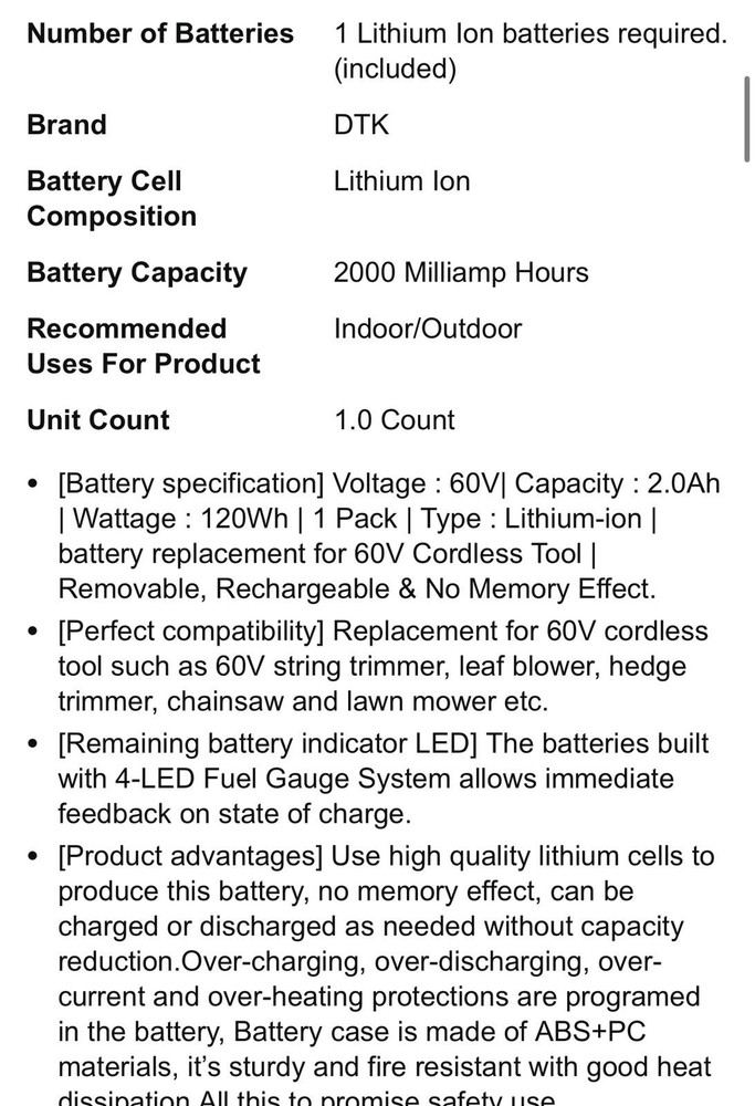 Replacement Battery 60v for Toro power tools