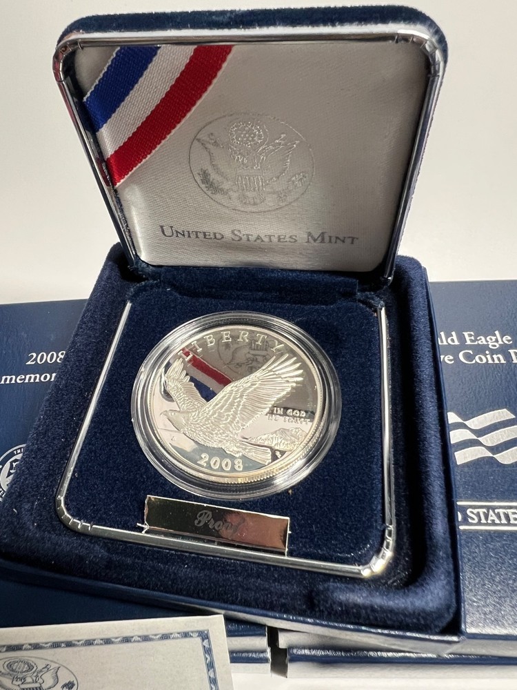 5 SETS- 2008 BALD EAGLE COMMEMORATIVE SILVER PROOF DOLLAR, EA3 US MINT, BOX+COA