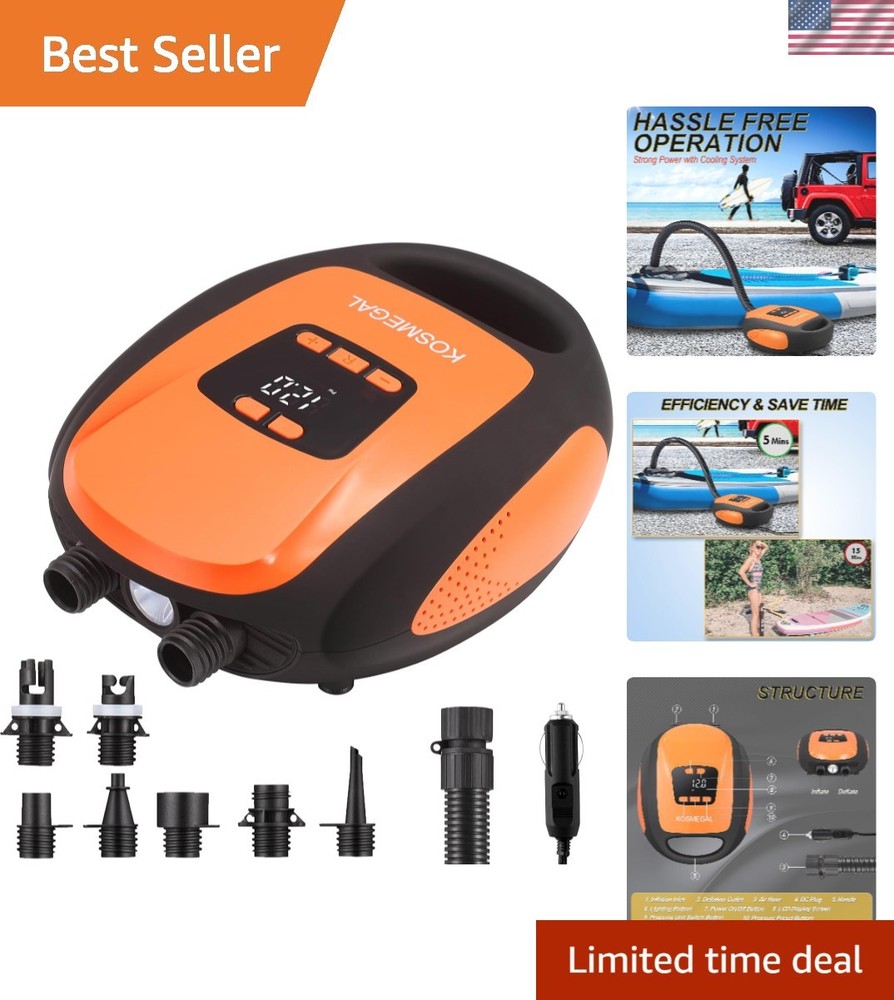 Compact Electric SUP Pump - Automatic Shutoff & Emergency Flashlight Included