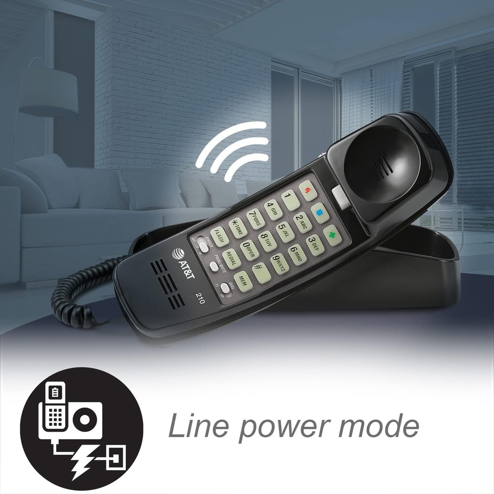 AT&T 210 Basic Trimline Corded Phone, No AC Power Required, Black