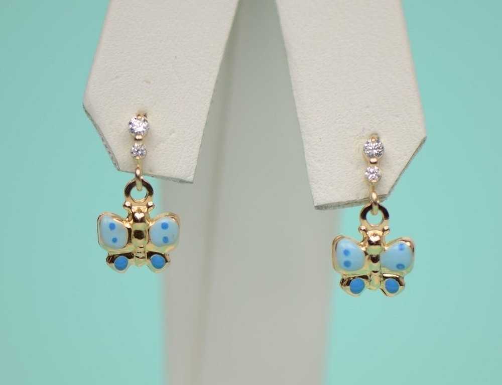 14K Solid Yellow Gold Butterfly Dangle Earring with Enamel