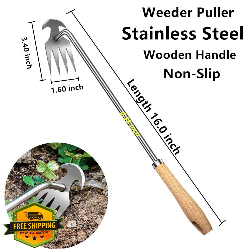 2 Pack Weed Puller Tool 16" 4 Teeth Stainless Steel Garden Weeder