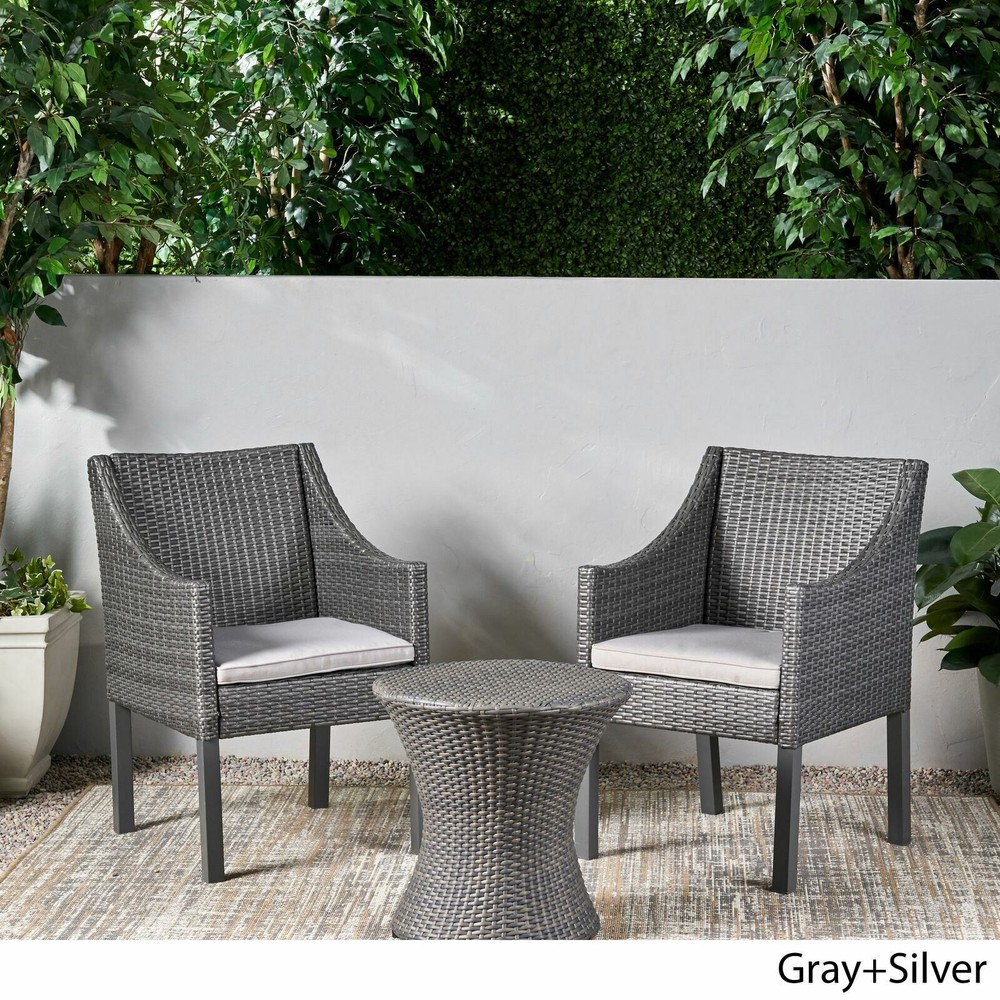 Outdoor Wicker 3 Piece Chat Set, Gray and Silver