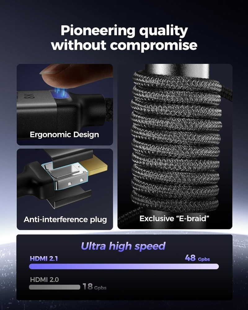 6.6ft HDMI 2.1 Cable - eARC, HDCP 2.2/2.3, Exceptionally Durable Braided Design