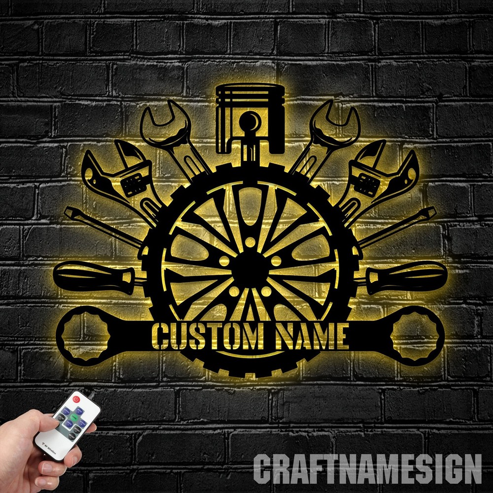 Custom Mechanic Tools Metal LED Sign, Personalized Garage Name