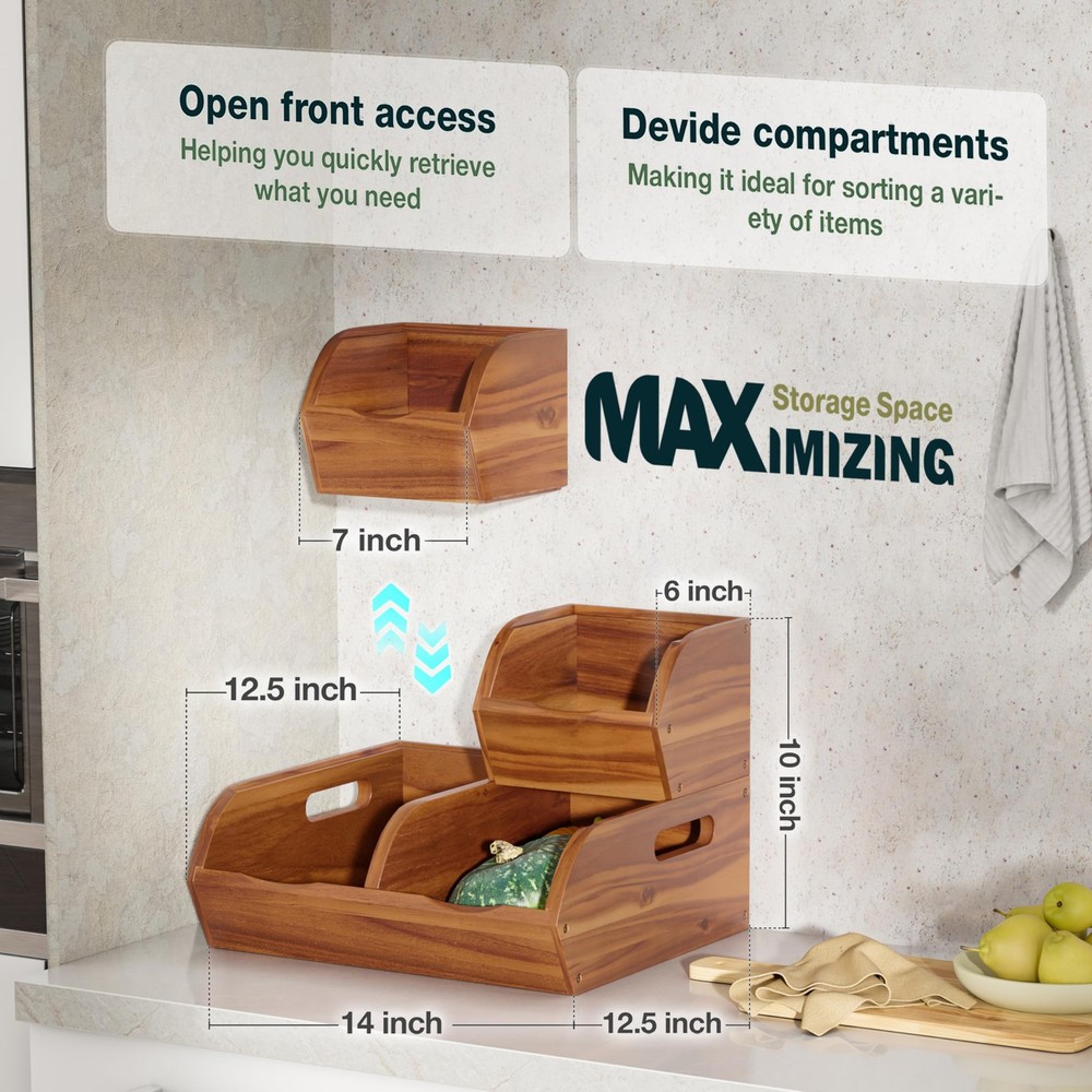 Acacia Wood Pantry Storage Bins – Stackable Open Front Kitchen Baskets for Po...