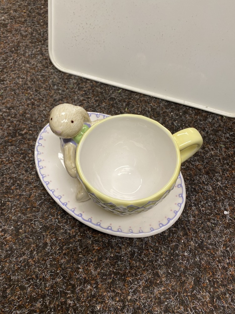 Hallmark Vintage Ceramic Easter-Spring Rabbit Bunny Holding a Cup & Saucer Set