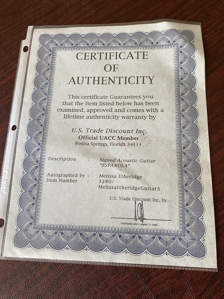Melissa Etheridge signed ESPANOLA Acoustic Guitar W/Certificate Of Authenticity