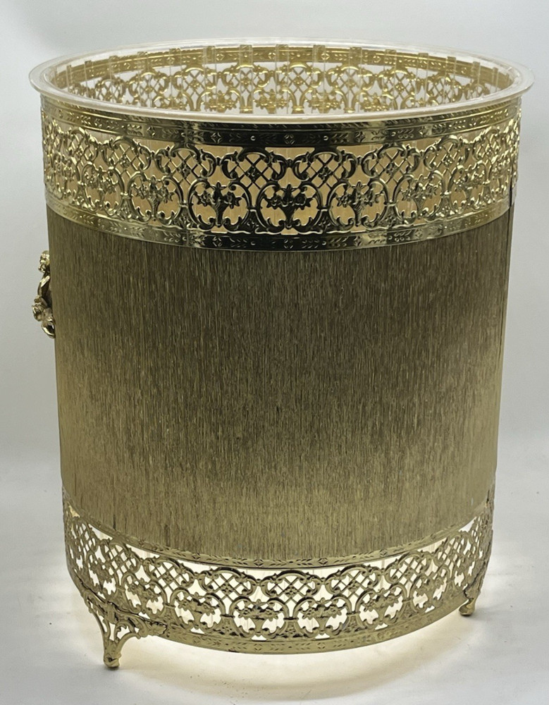 Vtg Hollywood Regency Ormolu Trash Can Gold Roses Plastic Insert