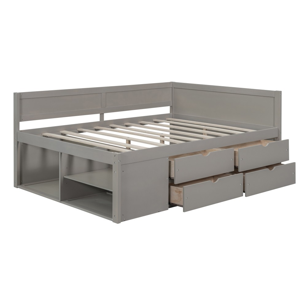 Full Size Daybed w/ Drawers & Shelves, Solid Wood Frame, Gray