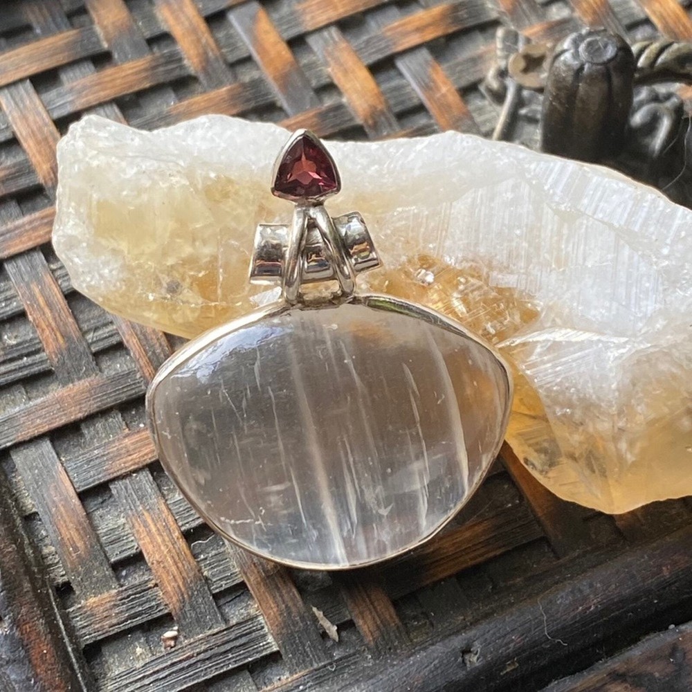 Selenite & Garnet Sterling Silver Pendant