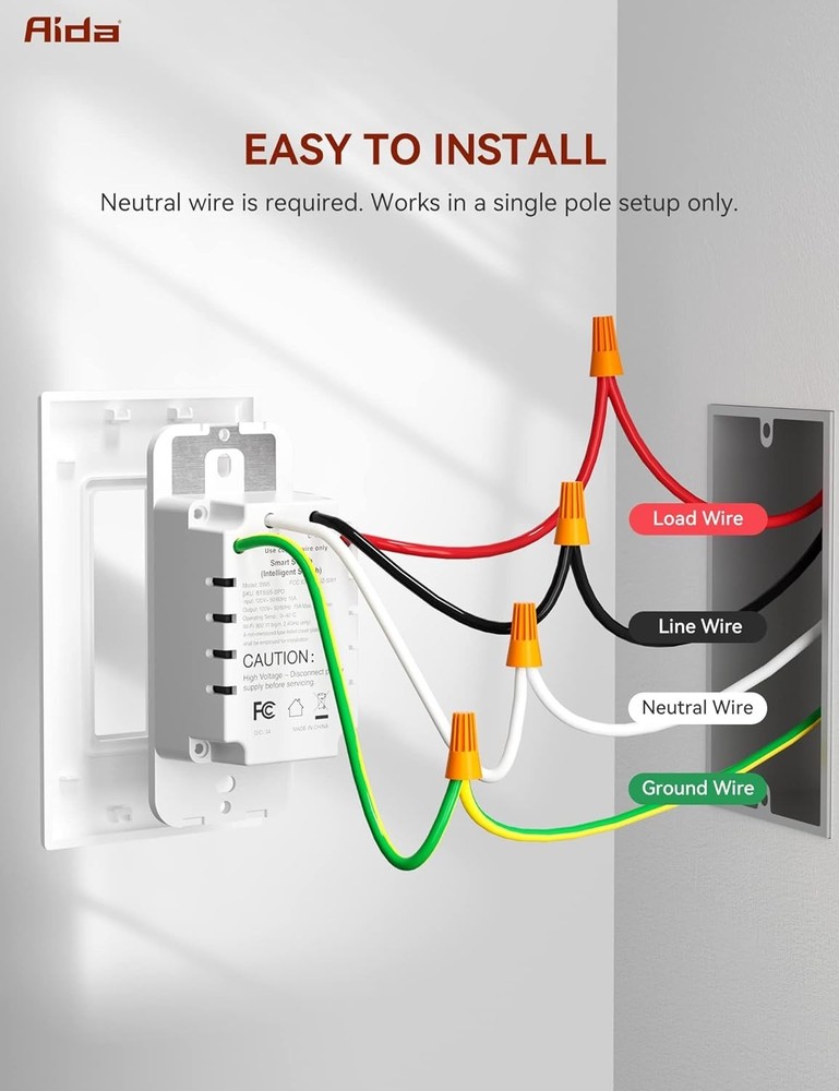 AIDA Smart Light Switch, Single Pole WiFi Smart Switch, Works with Alexa