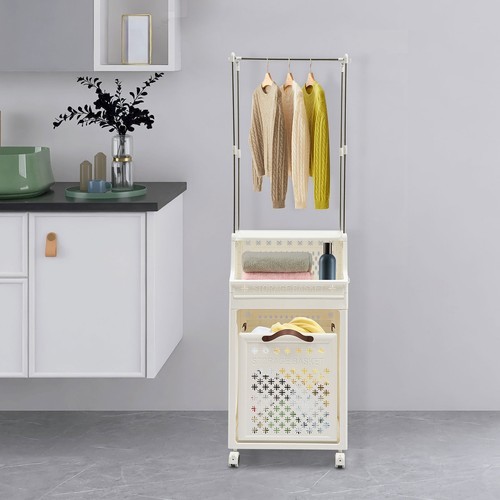 White Rolling Folding Laundry Organizer 3Tiers Laundry Basket with Wheels &Shelf
